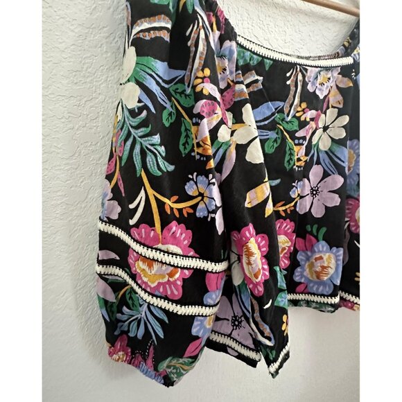 C&C California Blouse Womens XL Black Floral Boho Linen Peasant Top Long Sleeve‎ - Picture 3 of 10